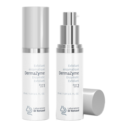 Dr Renaud DermaZyme 2-Step STEP 01 Keratolytic enzyme cocktail Fruit acid cocktail STEP 02 V02 Technology Purisoft Tasmanian pepper on white background