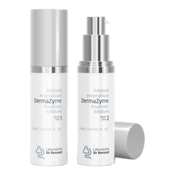 DermaZyme 2-Step STEP 01 Keratolytic enzyme cocktail Fruit acid cocktail STEP 02 V02 Technology Purisoft Tasmanian pepper on white background