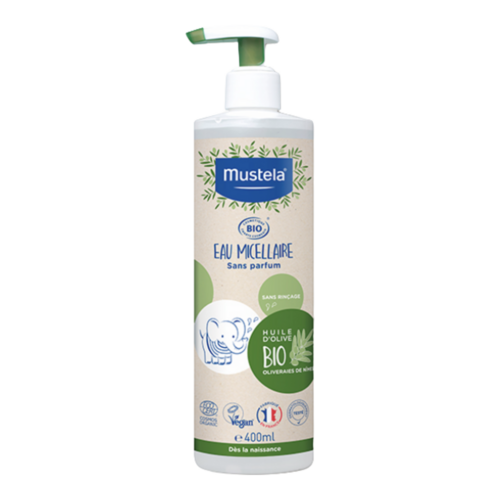 Mustela Organic Micellar Water with Olive Oil and Aloe, 400ml/13.53 fl oz Mustela Organic Micellar Water with Olive Oil and Aloe on white background
