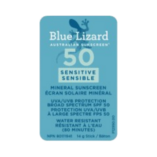 Blue Lizard Sunscreen SPF 50 Sensitive Stick, 14g/0.49 oz Blue Lizard Sunscreen SPF 50 Sensitive Stick on white background